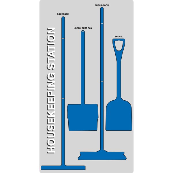 5S Housekeeping Shadow Board Broom Station Version 10 - Gray Board / Blue Shadows  With Broom